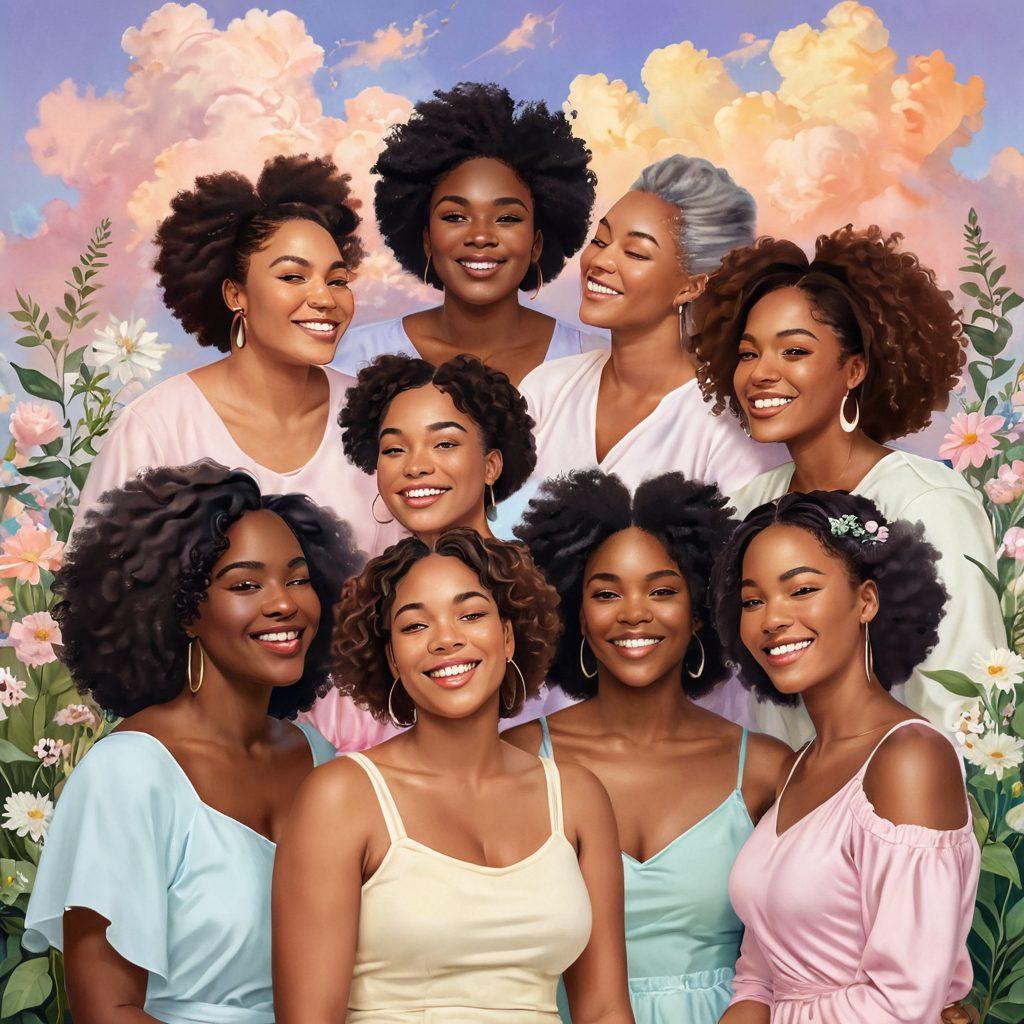 A serene scene depicting diverse women of various body types gracefully celebrating their beauty and confidence, surrounded by natural elements like blooming flowers and soft, pastel-colored clouds. Each woman portrays a unique expression of joy and intimacy, symbolizing self-love and body positivity. The background includes subtle hints of warm sunlight filtering through, enhancing the uplifting atmosphere. soft painting. vibrant colors. pastel tones.