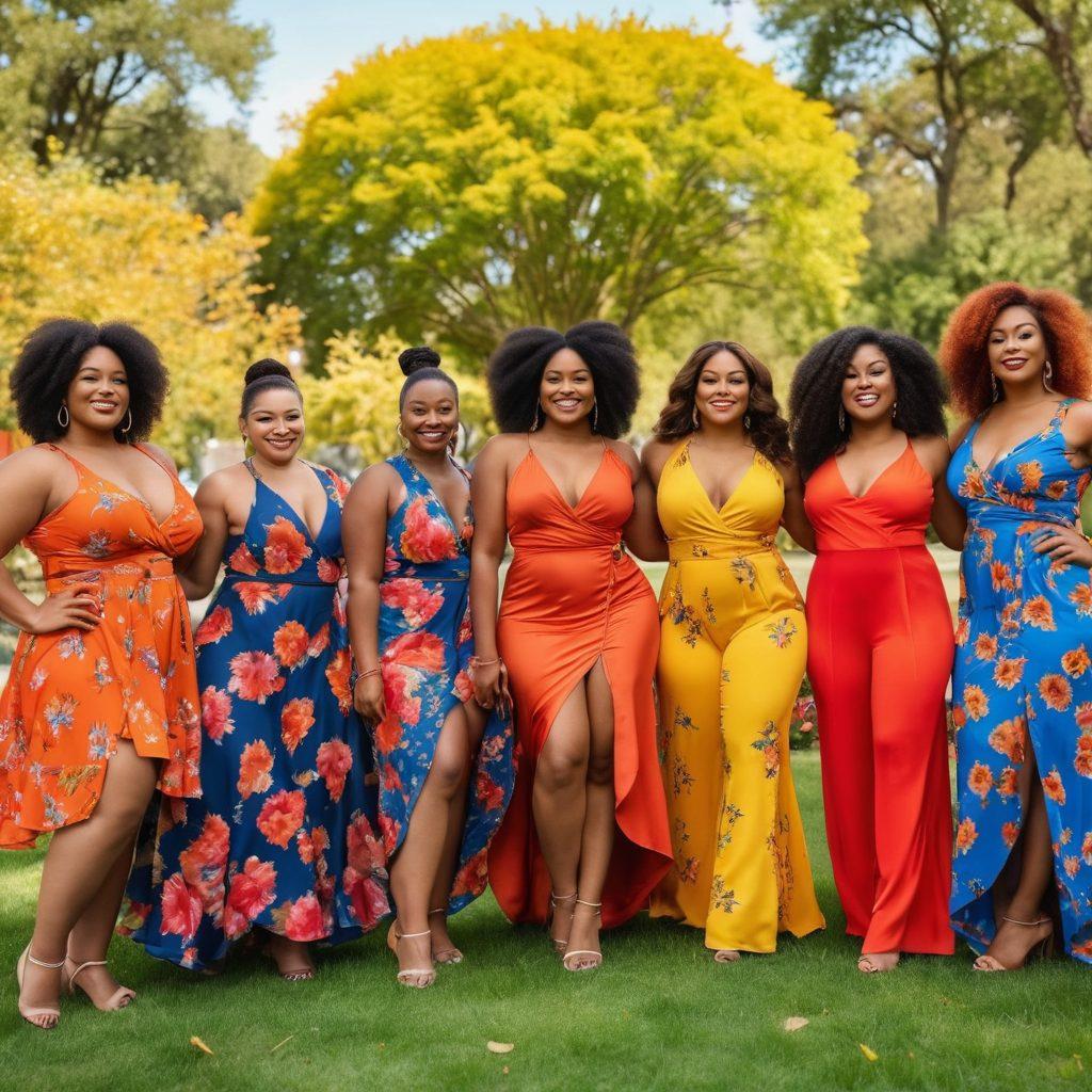 A powerful image showcasing diverse women of various shapes and sizes confidently posing together in a bright community park. Incorporate elements like flowers, sunlight, and positive affirmations in the background to symbolize strength and unity. Each woman should radiate joy, wearing colorful attire that represents their individuality. Emphasize authentic beauty and promote body positivity. vibrant colors. super-realistic. outdoor setting.