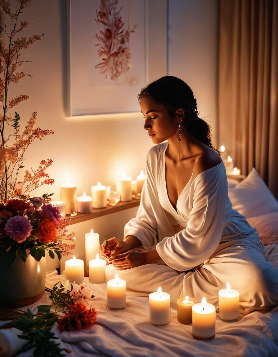 A serene and elegant scene of a person in a tranquil setting, surrounded by soft lighting and gentle floral elements, engaging in self-care with candles and crystals. The atmosphere should evoke a sense of empowerment and intimacy, featuring warm colors and gentle curves that enhance the feelings of self-love and expression. The subject, reflecting confidence, should be in a relaxed pose, embodying the essence of sensuality and mindfulness. vibrant colors. soft focus. 3D.
